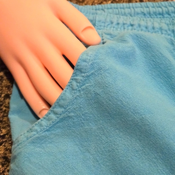 Erika Petite Bright Blue Teal Capri Pants Front Seam Drawstring Waist Women PL - Picture 9 of 13